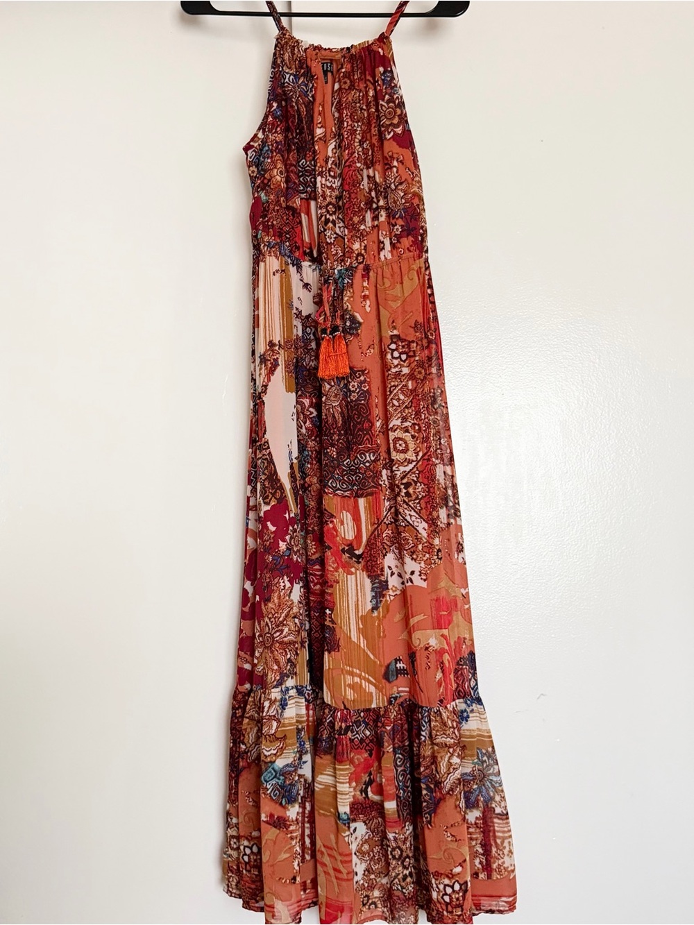 Spense Rust and Cream Patchwork Maxi Skirt with Tassel Tie